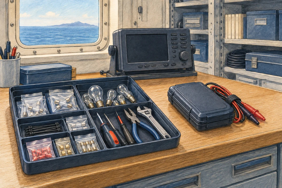 Рисованный лоток с условными запасными предохранителями, лампами и инструментами рядом с закрытым приёмником и мультиметром